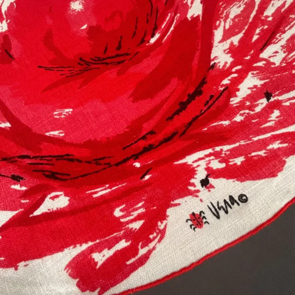 Vintage Vera Neumann Large Red Flower Linen Round Placemat Set of 4